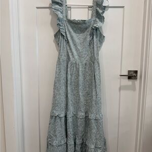 Apron Ruffled Blue Dress with Open Back